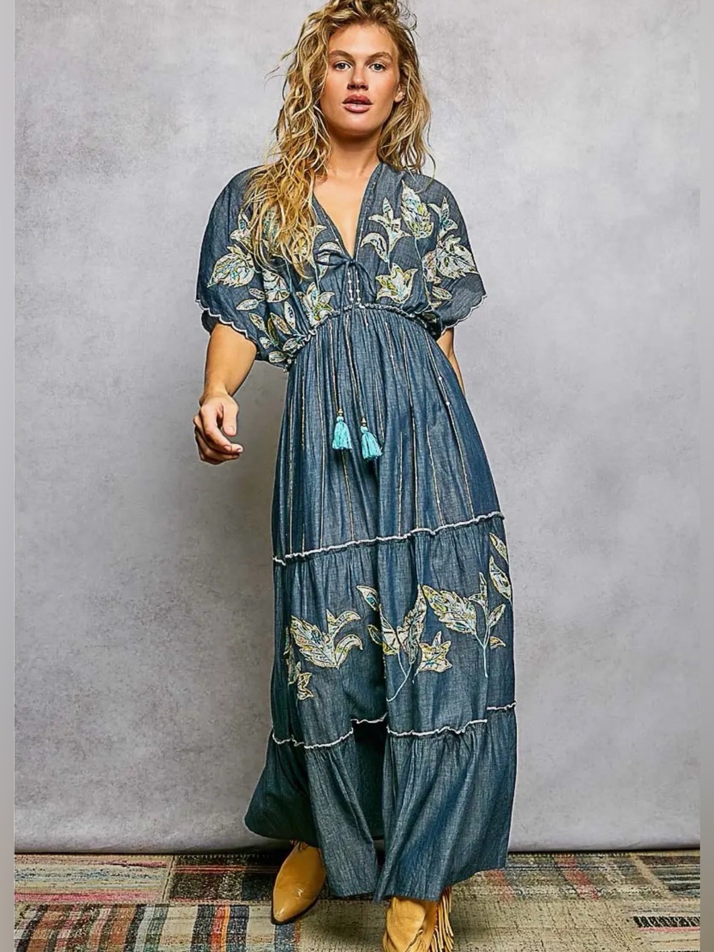 POL Blue Embroidered Tiered Maxi Dress